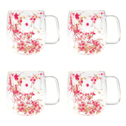 4pcs Double-Wall Glass Coffee Cups with Handle - Leakproof Suitable for Tea, Cappuccino, Latte, Dried Flower Design Thermal Mugs, Transparent Cups for, Office, Parties, Holiday Gifts (Hand Wash Only)