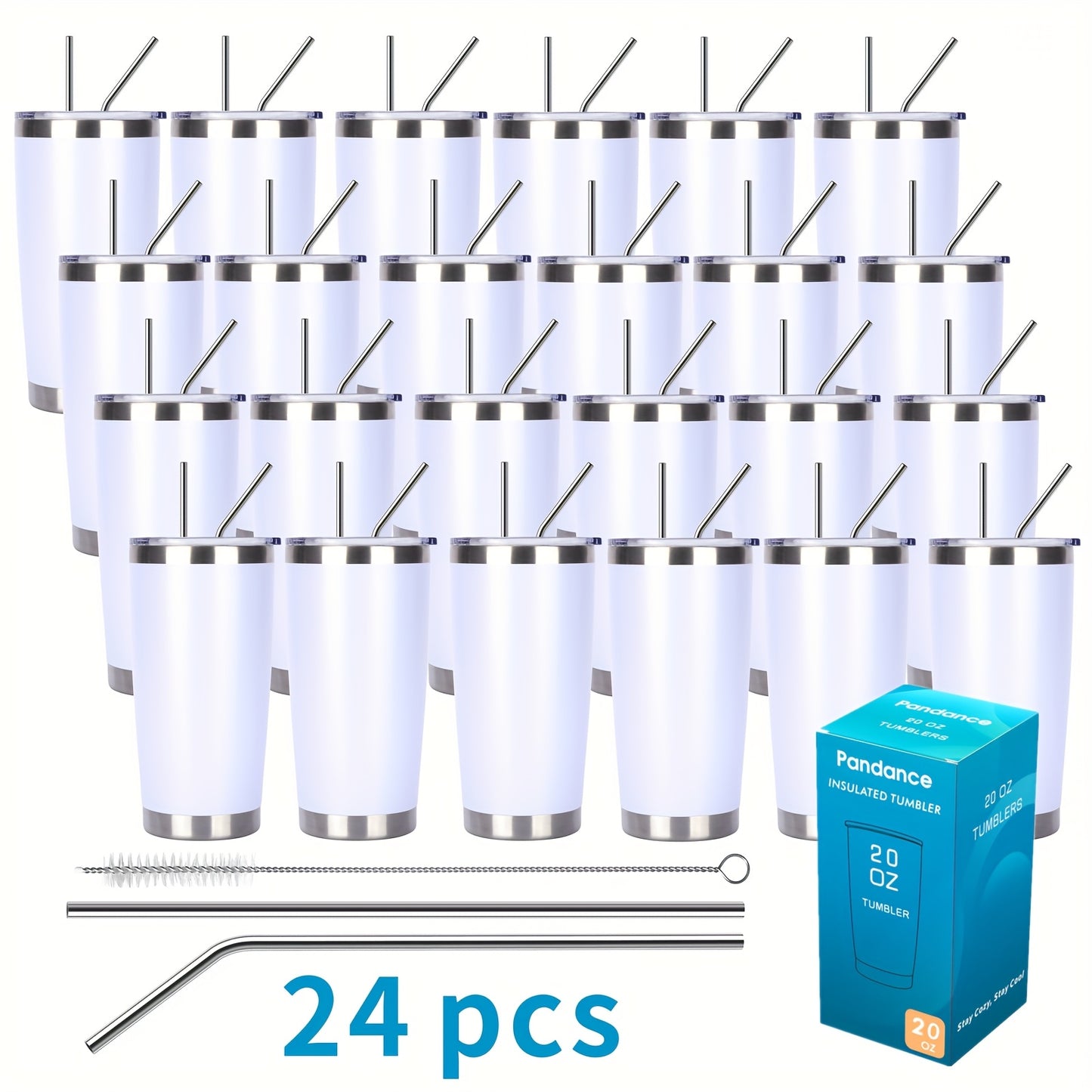 8/12/24pcs 20Oz 304 Stainless Steel Insulated Tumblers with Lid And Straw Bulk, Double Wall Vacuum Water Cups for Hot & Iced Coffee Drinks Travel Mug