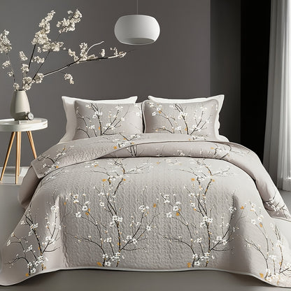 2/3pcs Multicolour Tree Branch Plum Blossom Quilted Quilt, 1pc Quilted Quilt+ 1/2pcs Pillowcases, Soft Breathable Comfortable Portability Hypoallergenic Machine Washable Bed Cover Bedding Room Decor, Twin/ Queen/ King Size