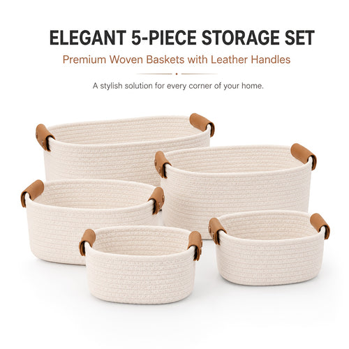 Beautiful Storage Basket Set Of 5 - Sturdy Rope Baskets for Shelves Are Perfect for Organizing Your Home - Quality Storage Bins Easily Fit with Bedroom Decor, Shelf Baskets