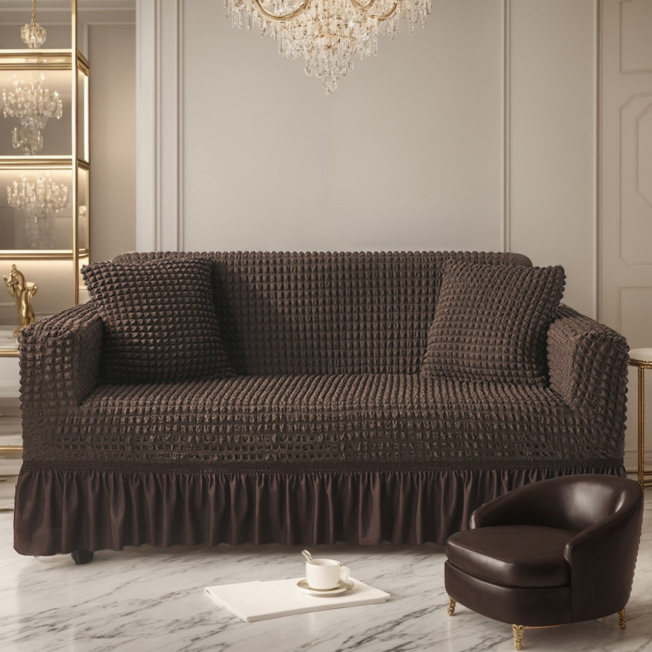 Seersucker Sofa Slipcover Set for Couch Cushion Durable Washable High Elastic Stretchable Furniture Couch Covers with Skirt for Sofa 1/2/3/4 Seater Arm Chair