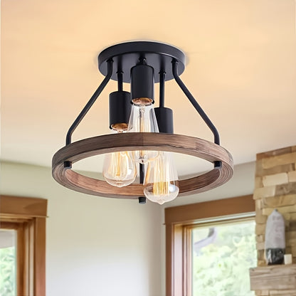 Contemporary Farmhouse Semi-Flush Ceiling Lamp - 3-Bulb Wooden And Metal Design, Rustic Industrial Lighting for Hallways/Entrances Suitable for Kitchen, Bedroom, Dining Area, Laundry Room (Bulb Not Included)
