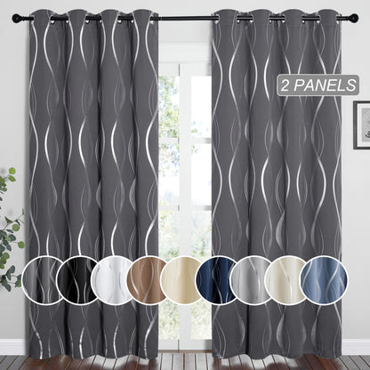 Blackout Curtains 2 Panels Set for Bedroom/Living Room, Noise Reducing Thermal Insulated Wave Line Foil Print Drapes for Patio Sliding Glass Door