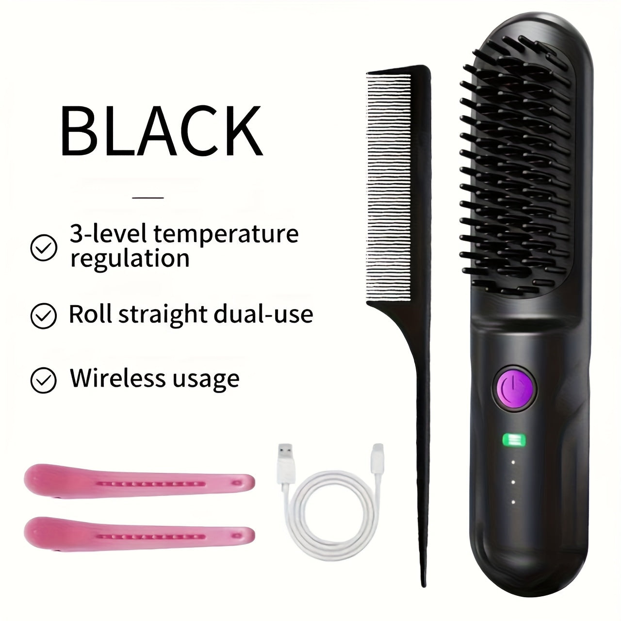 Portable 3-minute Quick-heat Wireless Straightening Comb with Constant Temperature Hair Protection. Three Temperature Settings: 170°C, 180°C, 190°C. 3D Three-dimensional Tooth Comb Design, Negative Ion Technology. Lightweight and Compact, Perfect for