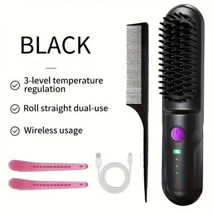 Portable 3-minute Quick-heat Wireless Straightening Comb with Constant Temperature Hair Protection. Three Temperature Settings: 170°C, 180°C, 190°C. 3D Three-dimensional Tooth Comb Design, Negative Ion Technology. Lightweight and Compact, Perfect for