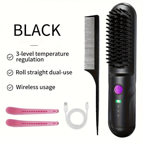 Portable 3-minute Quick-heat Wireless Straightening Comb with Constant Temperature Hair Protection. Three Temperature Settings: 170°C, 180°C, 190°C. 3D Three-dimensional Tooth Comb Design, Negative Ion Technology. Lightweight and Compact, Perfect for