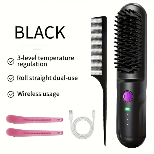 Wireless Hair Straightener Comb - Portable Cordless Straightening Brush with 3-Min Fast Heat, 3 Temp Settings 170-190°C, Negative Ion Technology, 3D Comb Design, Lightweight Travel Hair Straightener