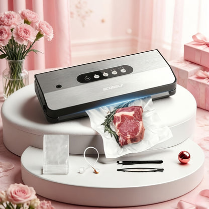 ECOSELF 65Kpa Vacuum Sealer Machine, 8-in-1 Sealing Machine with Cutter& Accessory Hosestrip& 10 Bags, EXT-VAC& Stainless Steel for Food Storage & Sous Vide, Perfect for Kitchen Use, Mother's Day Gift, Father's Day Gift