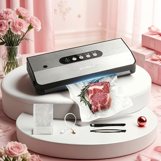 Vacuum Sealer Machine 8-in-1 – 65Kpa Food Sealer with Cutter, Accessory Hose, 10 Bags Included, Stainless Steel, External Vacuum Port for Food Storage, Sous Vide & Meal Prep