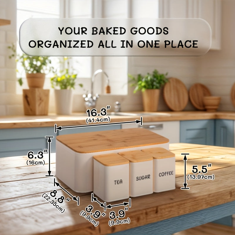 Bread Box with 3 Jars Set for Kitchen Countertop – Metal Bread Box with Bamboo Board Cover, Coffee Sugar Tea Canisters, Large Capacity Farmhouse Food Storage Organizer