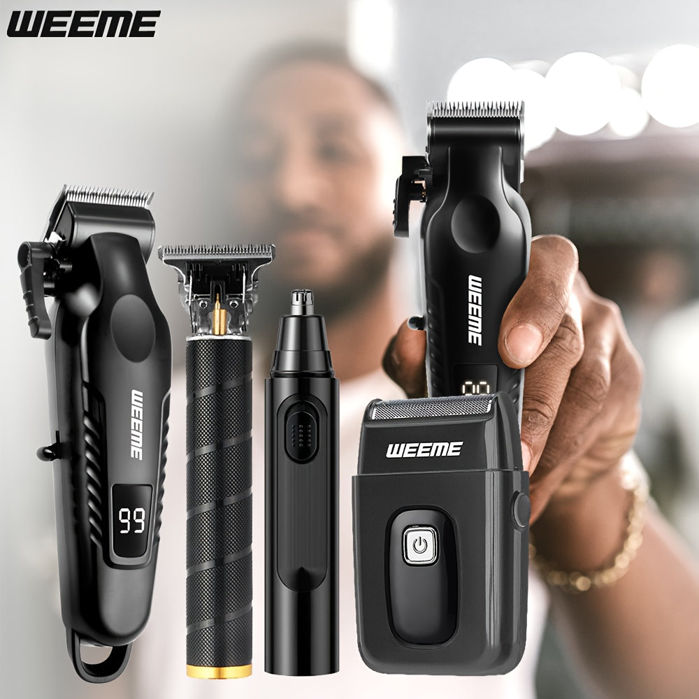WEEME 4pcs Men'S Grooming Kit - Professional USB Rechargeable Hair Clipper Set with Nose Trimmer, Electric Shaver, Detail Trimmer, Ideal Father'S Day Gift, Supports USB Charging, Includes 8Limit Combs, Father'S Day Gift for Men, Camping Must Haves