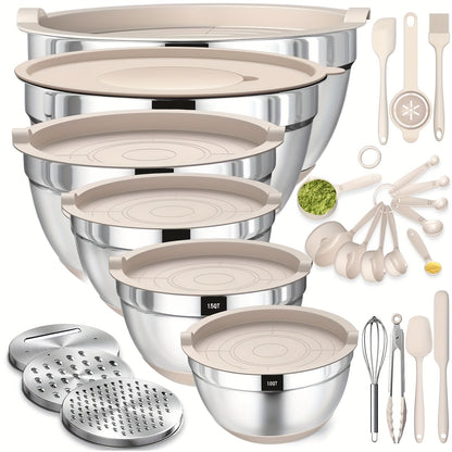 Mixing Bowls with Airtight Lids, 26pcs Stainless Steel Bowls Set, 3 Grater Attachments & Black Non-Slip Bottoms Size 7, 4, 2.5, 2.0, 1.5, 1QT, Great for Mixing & Serving
