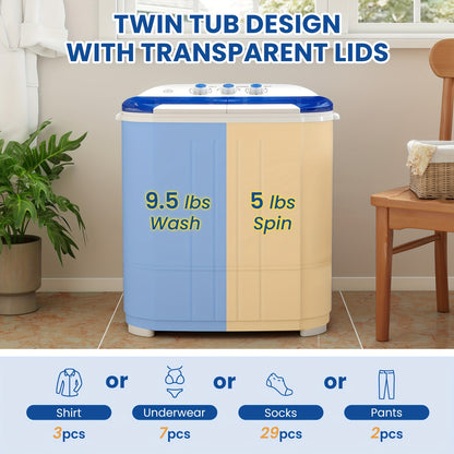 Portable Washing Machine 14.5Lbs Mini Twin Tub Washer Spin Dryer Combo Semi-Automatic 9.5Lbs Wash 5Lbs Spin Gravity Drain Time Control for Apartments Dorms RVs Camping