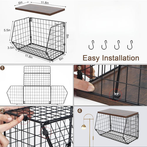 1/2pcs Two-Level Fruit Basket Set for Kitchen Surfaces - Stackable Metal Baskets with Wooden Covers, Suspended Fruit Holders for The Kitchen, Wall-Mounted Storage with Hooks, Perfect for Storing Potatoes And Onions - an Excellent Organizer