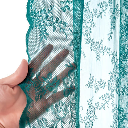 Set of Two White Lace Curtains with Floral Designs, Featuring a Bohemian Style And Semi-Transparent Fabric That Filters Sunlight. Suitable for All Seasons