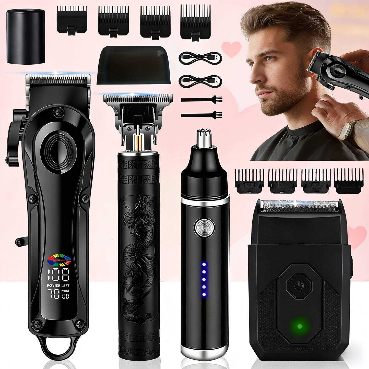 2/ 4pcs USB Rechargeable Men'S Grooming Set: 4pcs Set Includes A Hair Clipper, An Electric Shaver, And A Nose/ear Hair Trimmer, Featuring An LCD Battery Display; 2pcs Set Includes Two Hair Clippers. Makes An Ideal Gift For A Husband Or Boyfriend.