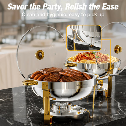WARMOUNTS Golden Chafing Dishes Buffet Set, 5QT 2/4PACK Round Stainless Steel Chafer Buffet Server Food Warmer with Glass Lid, Mirror-Polished Rolled Rim Stackable, Lid Holder for Summer Party Wedding Catering Camping Events, Only for Cooking