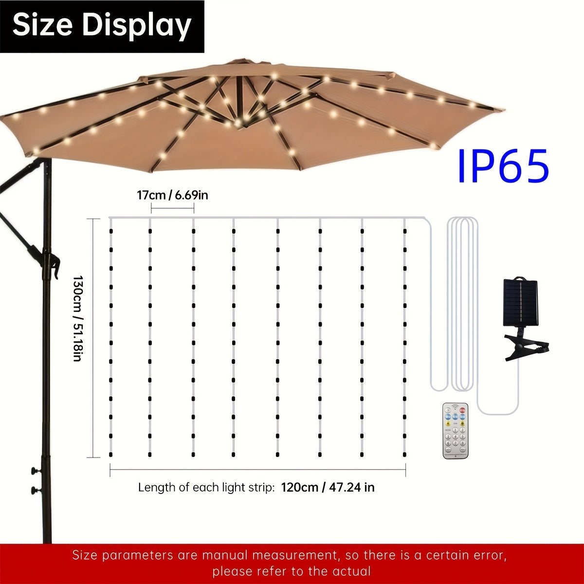 1pc Solar Powered Patio Umbrella Light with 104 LED Lights, Outdoor Market Umbrella Lamp with 8 Modes Remote Control, for Backyard, Deck, Poolside, Beach, Garden, Camping, Party Decoration, Tan, Battery Included