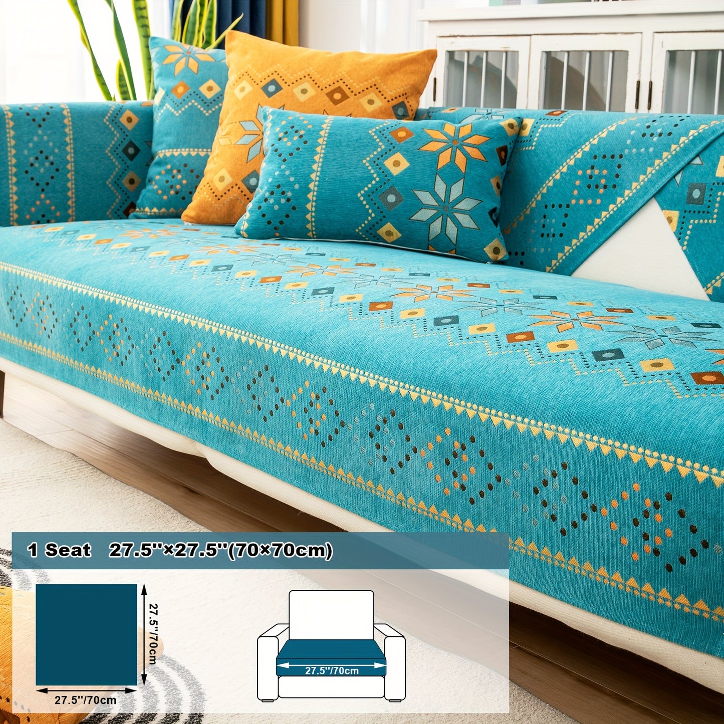 1pc Bohemian Chenille Sofa Cover Suitable for Sofa Sizes (Single to Four-Seater) - Thick Plush Non-Slip Couch Cover with Geometric Embroidery, Chenier Fabric Slipcover Fits for Sectional Sofas, Machine Washable Furniture