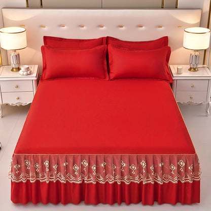 3pcs Macrame Bed Skirt Set (Bed Skirt *1+ Pillowcase*2, Without Core), Solid Color Double Layer Lace Bed Skirt All Seasons Universal Non-Slip Bedding