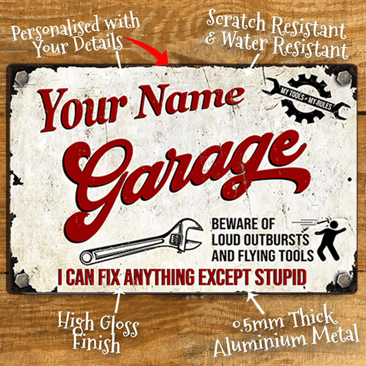 1pc 12x8 Inch Aluminum 2D Flat Decorations Christmas Gift Wall Decor Vintage Style Personalized Garage Sign with Custom Text-  Metal Wall Decor for Men, Workshop, Cave- Scratch& Water , High Gloss Finish, - Horizontal Orientation, 2D Flat, Perfect