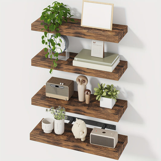 Floating Shelves for Wall 4/8pcs 15.8 Inch, Rustic Wood Wall Shelves with Invisible Brackets, Wall Mounted Display Shelf for Home Decor, Living Room, Bedroom, Bathroom – Walnut, Brown, Black, White, Gray