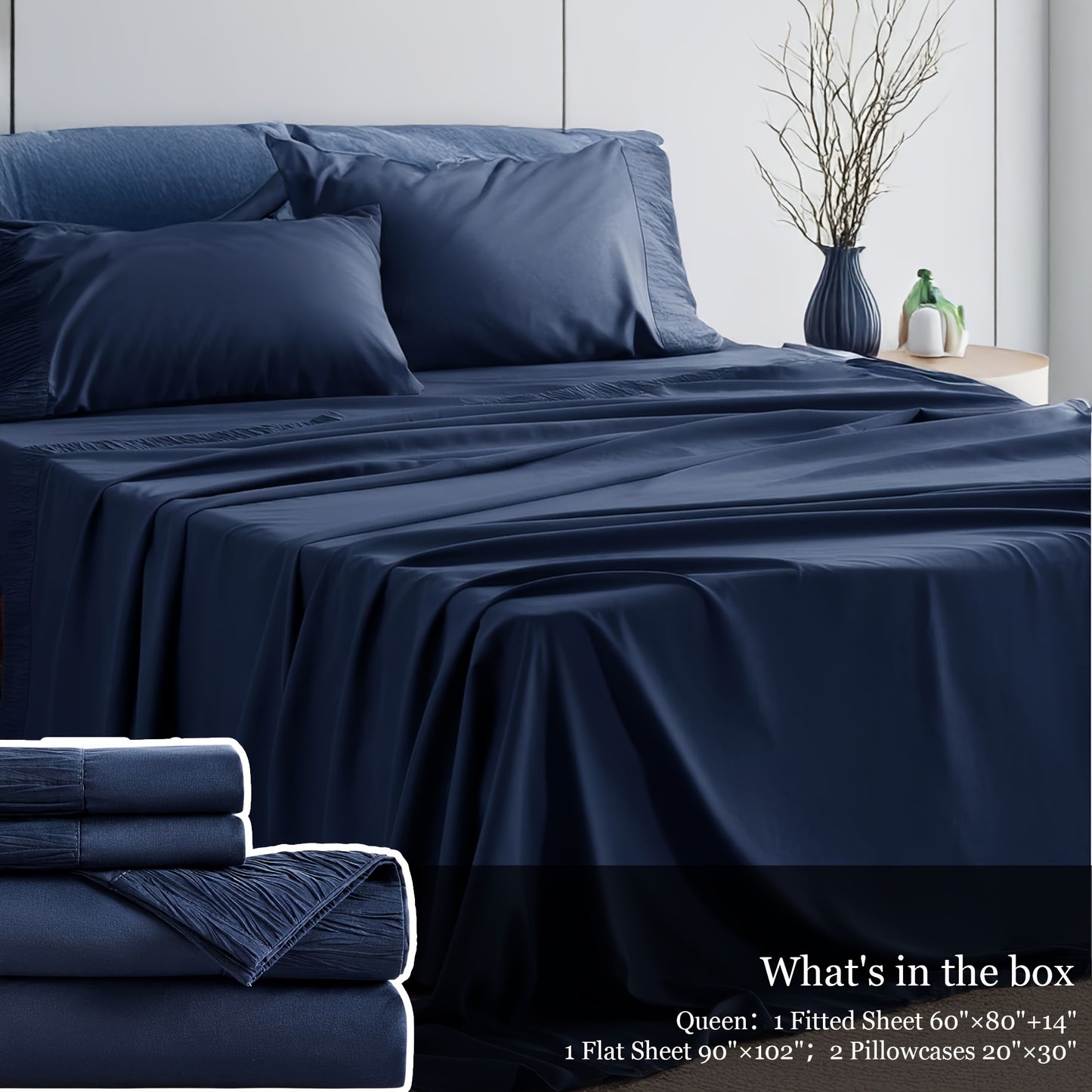 Queen Size 4pcs Sheet Set - Premium Ultra Soft & Breathable Bed Sheets - Cooling Hotel Luxury Bedding Collection - Includes 1 Flat Sheet, 1 Fitted Sheet & 2 Pillowcases - Wrinkle-Free, Easy Care - Cozy Comfort For All Seasons