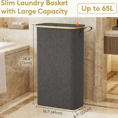 Slim Laundry Hamper With Lid, Narrow Laundry Basket With Removable Bag & Bamboo Handles, Fodable Thin Dirty Clothes Hamper, Laundry Collapsible Bin For Bathroom Bedroom Dorm, Room Decor, Storage And Organization, 13.21gal/17.17gal/19.81gal, Laundry Hamper