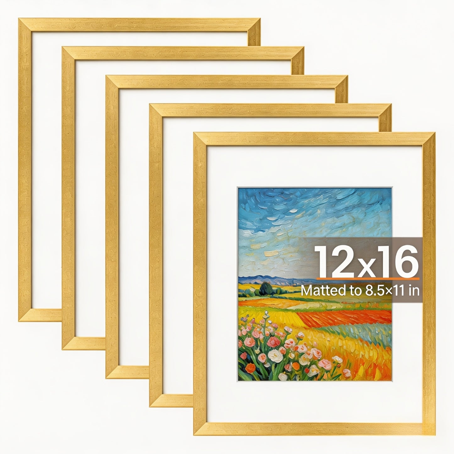 Picture Frame Set of 5 – 12x16 Inch Gallery Wall Photo Frames, Display 8.5x11 with Mat or 12x16 Without Mat | HD Cover, Horizontal & Vertical Hanging | Golden Wall Collage Frame Set for Home & Office