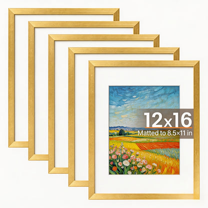 Picture Frame Set of 5 – 12x16 Inch Gallery Wall Photo Frames, Display 8.5x11 with Mat or 12x16 Without Mat | HD Cover, Horizontal & Vertical Hanging | Golden Wall Collage Frame Set for Home & Office