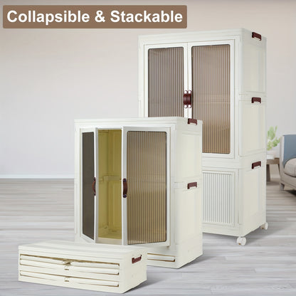 Portable Closet Wardrobe with Wheels & Hanging Rod – Foldable Clothes Cabinet with Doors, 10 Hangers, Stackable Storage Bins, 70 GAL Collapsible Plastic Wardrobe Organizer