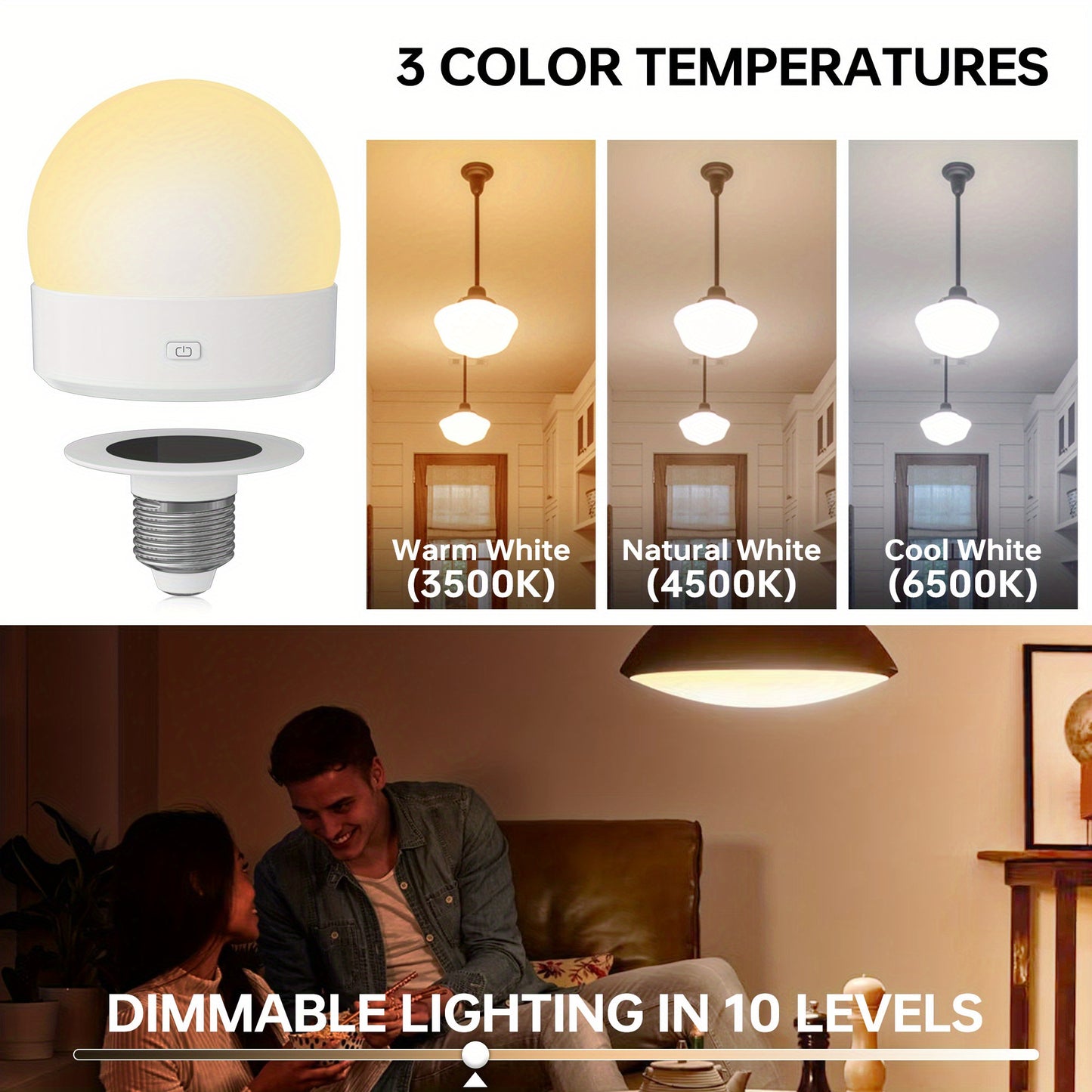 Rechargeable LED Light Bulb E26 3000mAh 400LM with Remote Control – USB Wireless Puck Light, 3 Color Temperatures, 12 RGB Colors, Timer, No Wiring for Lamps Closets Cabinets Indoor Lighting 4 Pack