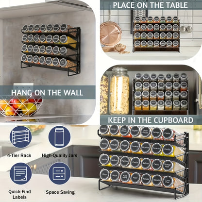 Spice Organizer With 28 Jars, 386 Labels, Chalk Marker And Funnel, For Cabinet, Countertop, Pantry, Cupboard Or Wall Mount, 13.4" W × 10.8" H, Black
