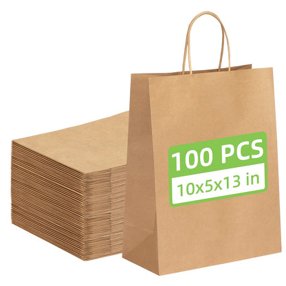 Gift for Her/Him TOMNK 100pcs Paper Gift Bags, 112G Weight Party Handheld Gift Pack, 10X5X13 Inches Brown Kraft Paper Bags with Handles, for Shopping, Daily Use, Birthday Party And Wedding Souvenir Gifts