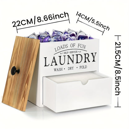 MONDRAME Farmhouse-Style Wooden Dryer Sheet Holder with Drawer And Lid - Dual Installation Options, Wall Mount Or Countertop, Laundry Pod Dispenser for Organized Storage