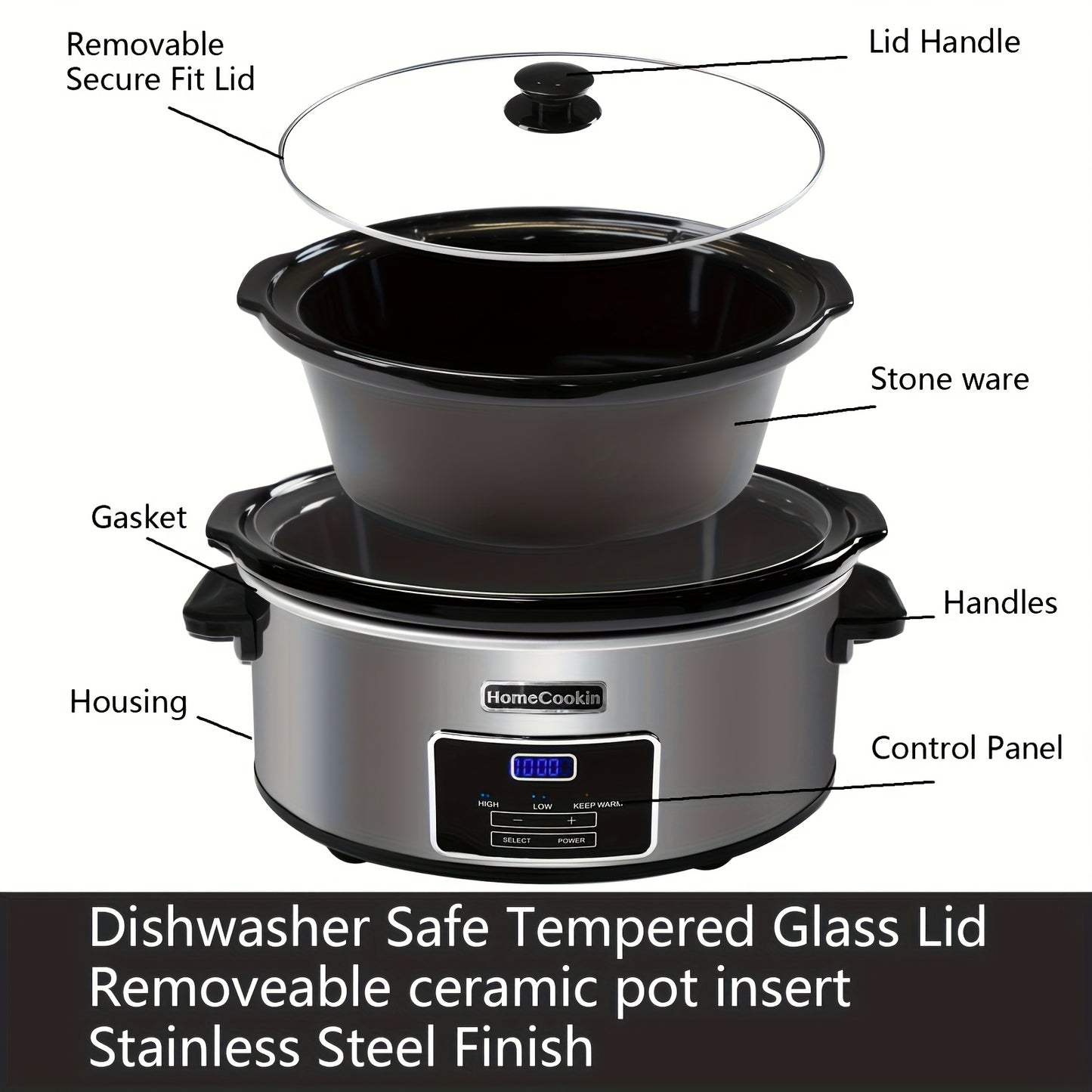 Homecookin Digital Slow Cooker with Non-Stick Ceramic Bowl - Programmable Countdown Timer & Keep Warm Function, Perfect for Family Meals, Soups, Stews, Holiday Cooking, House Party