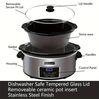 Homecookin Digital Slow Cooker with Non-Stick Ceramic Bowl - Programmable Countdown Timer & Keep Warm Function, Perfect for Family Meals, Soups, Stews, Holiday Cooking, House Party
