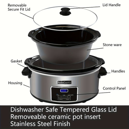 Homecookin Digital Slow Cooker with Non-Stick Ceramic Bowl - Programmable Countdown Timer & Keep Warm Function, Perfect for Family Meals, Soups, Stews, Holiday Cooking, House Party
