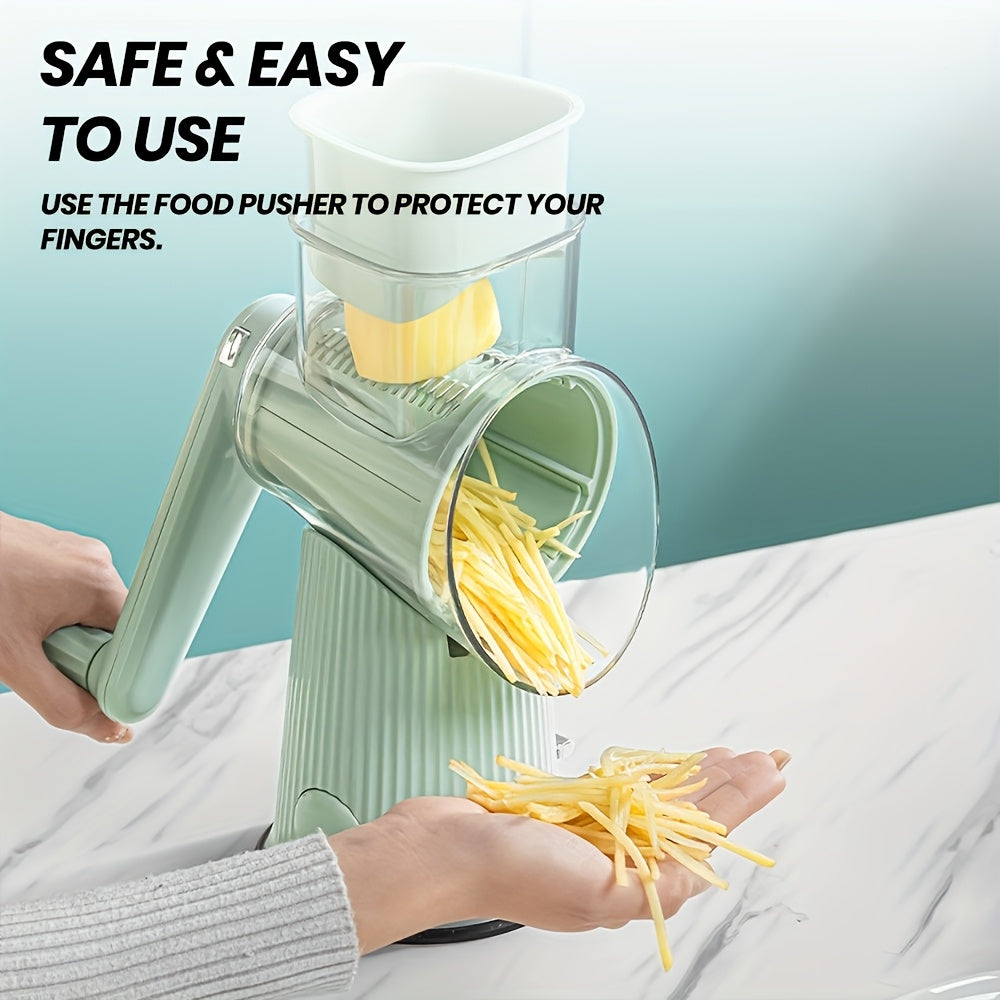 5-in-1 Manual Rotary Cheese Grater With Handle Interchangeable Blades, Easy To Clean Vegetable Slicer Shredder Set Strong Suction Cup Base Ideal For Fruits, Vegetables, And Nuts Multifunctional Kitchen Essential With Suction Cup Stability