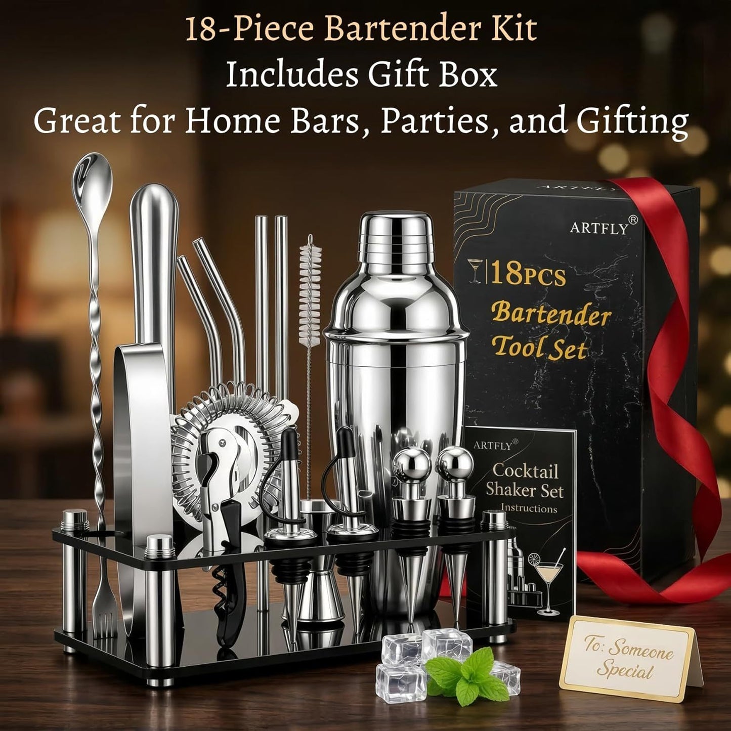 18-Piece Bartender Kit with Acrylic Stand, 18/8 Stainless Steel Bar Set with Martini Shaker, Jigger, Muddler & Recipe Book for Home Bar