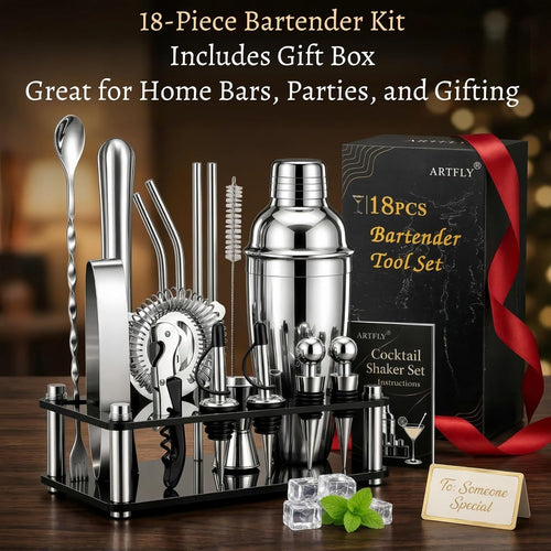 18-Piece Bartender Kit with Acrylic Stand, 18/8 Stainless Steel Bar Set with Martini Shaker, Jigger, Muddler & Recipe Book for Home Bar