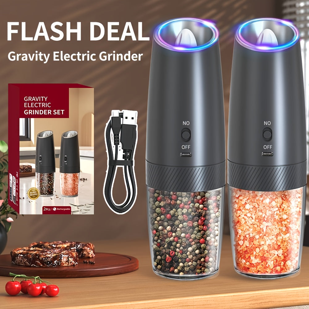 [Holiday Gift] CLITON 1/2pcs Gravity-Sensing Electric Salt And Pepper Grinder, USB Rechargeable, LED Light, One-Hand Operation, Adjustable Coarseness Grinding, Rechargeable Electric Salt And Pepper Grinder Set, Holiday Gift, Optional Battery-Powered Versi