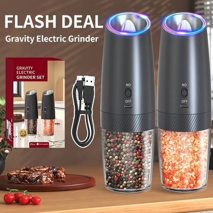 [Holiday Gift] CLITON 1/2pcs Gravity-Sensing Electric Salt And Pepper Grinder, USB Rechargeable, LED Light, One-Hand Operation, Adjustable Coarseness Grinding, Rechargeable Electric Salt And Pepper Grinder Set, Holiday Gift, Optional Battery-Powered Versi