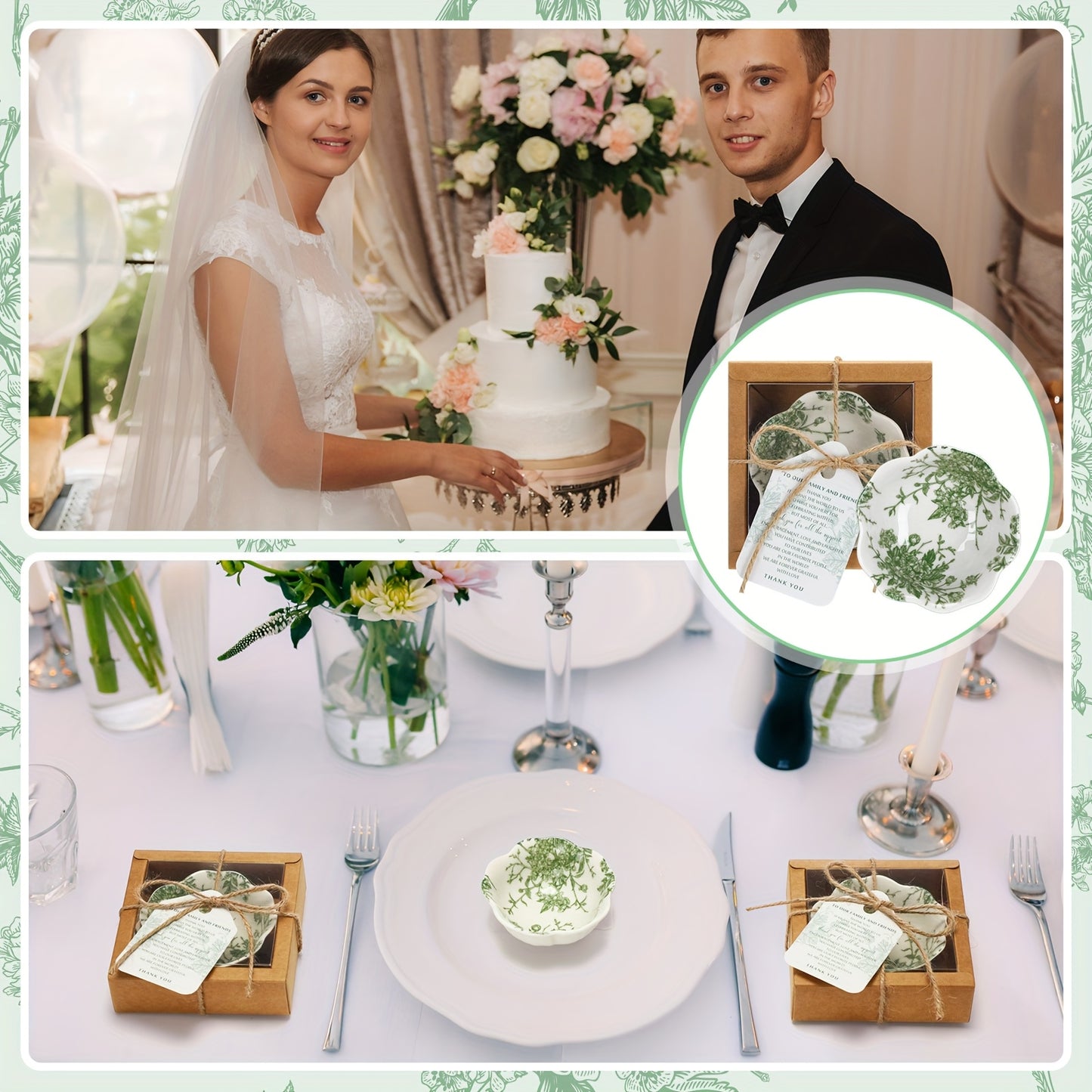 80 Pack Wedding Favors for Guests Small Ceramic Bowls Bulk Gifts Set 3.3 Inch Green Verdure Design Mini Dipping Bowl Sauce Dish with Cards box for Party Shower Favor Souvenir