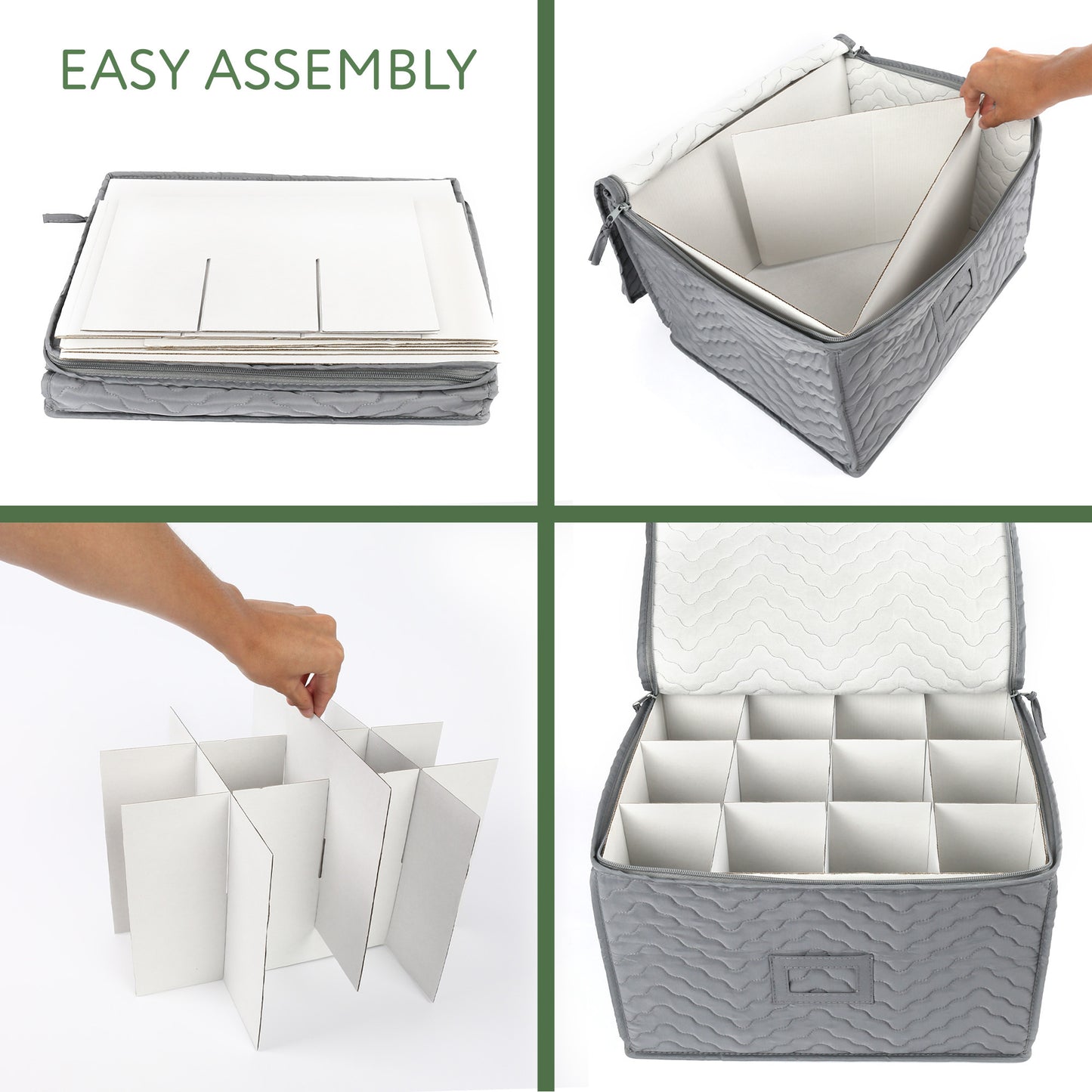 Stemware Storage Container - Deluxe Quilted Storage Case with Dividers for 12 - Wine Glasses, Champagne Flutes, Glassware, Drinkware Storage Box Chest, 15.5"x12.5"x 10", Gray