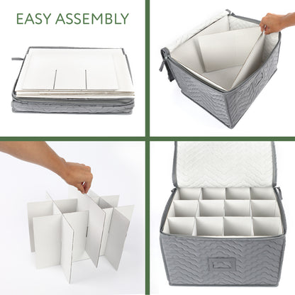 Stemware Storage Container - Deluxe Quilted Storage Case with Dividers for 12 - Wine Glasses, Champagne Flutes, Glassware, Drinkware Storage Box Chest, 15.5"x12.5"x 10", Gray