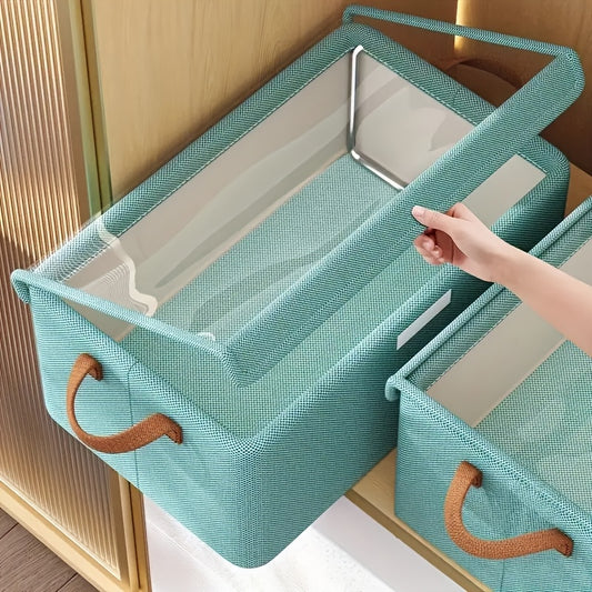 Foldable Clothes Storage Box with Transparent Lid 6-Pack, Stackable Wardrobe Organizer Bins with Steel Frame & Handles, Collapsible Fabric Closet Storage Boxes for Clothing Blankets Sundries, Green Beige Gray