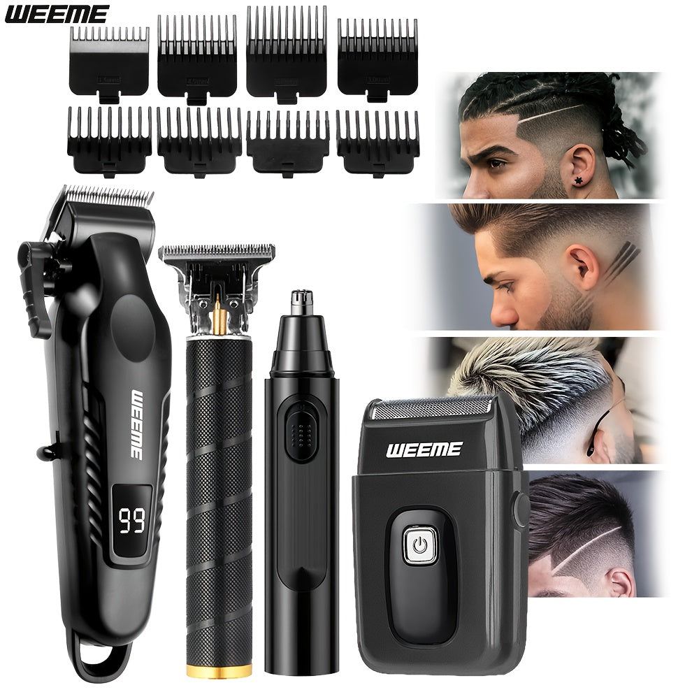WEEME 4pcs Men'S Grooming Kit - Professional USB Rechargeable Hair Clipper Set with Nose Trimmer, Electric Shaver, Detail Trimmer, Ideal Father'S Day Gift, Supports USB Charging, Includes 8Limit Combs, Father'S Day Gift for Men, Camping Must Haves