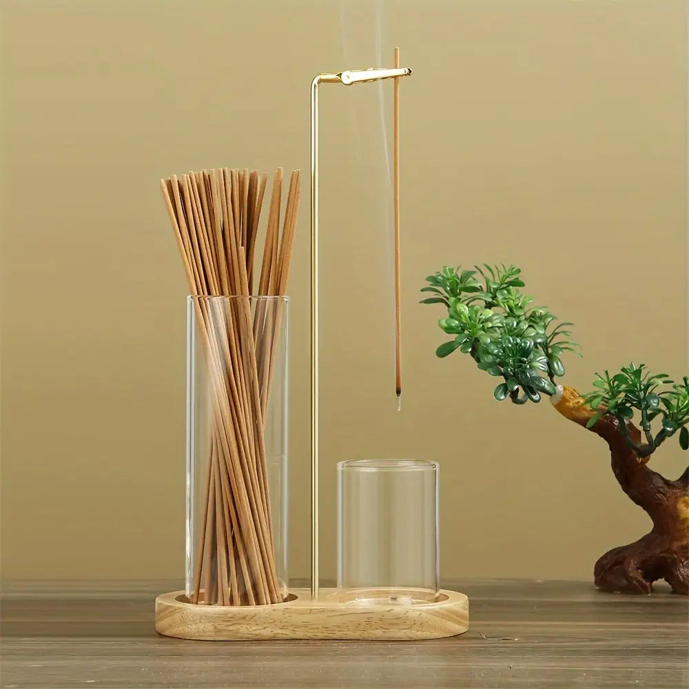 Glass Incense Burner 2-in-1 with Removable Ash Collector & Candle Holder – Incense Stick Holder for Meditation, Yoga, Tea Ceremony & Home Decor – Spiritual Relaxation Gift in Log & Retro Style
