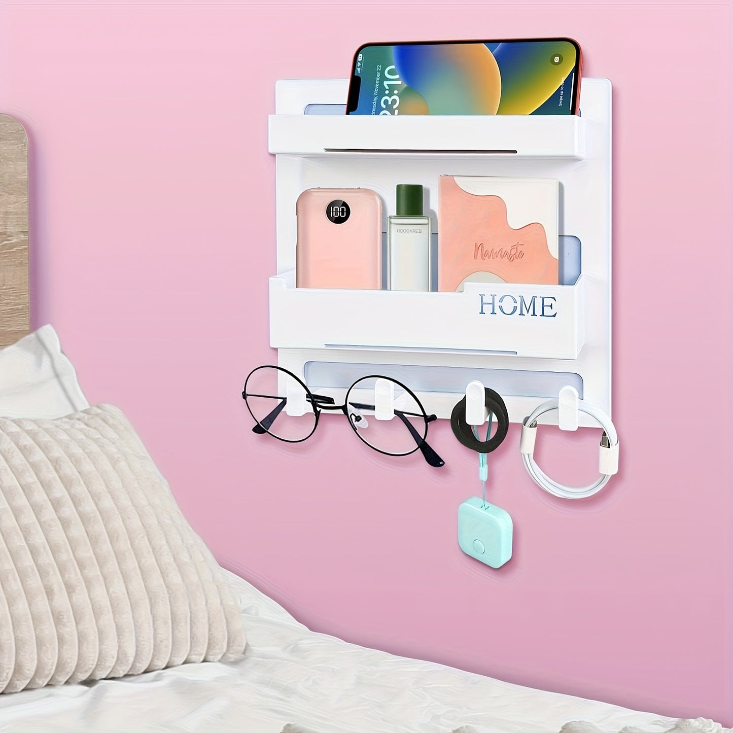Floating Shelves Wall Mount Self-Adhesive Bedside Shelf Organizer for Bedroom - No Drill Stick On Wall Shelf for Phone Remote Control Small Items - Aesthetic Room Decor Storage for Girls Teen Bedroom